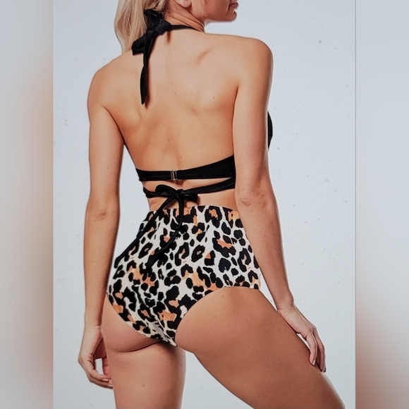 NWT LEOPARD high waisted push up strappy halter pinup bathing swim suit - Picture 3 of 9